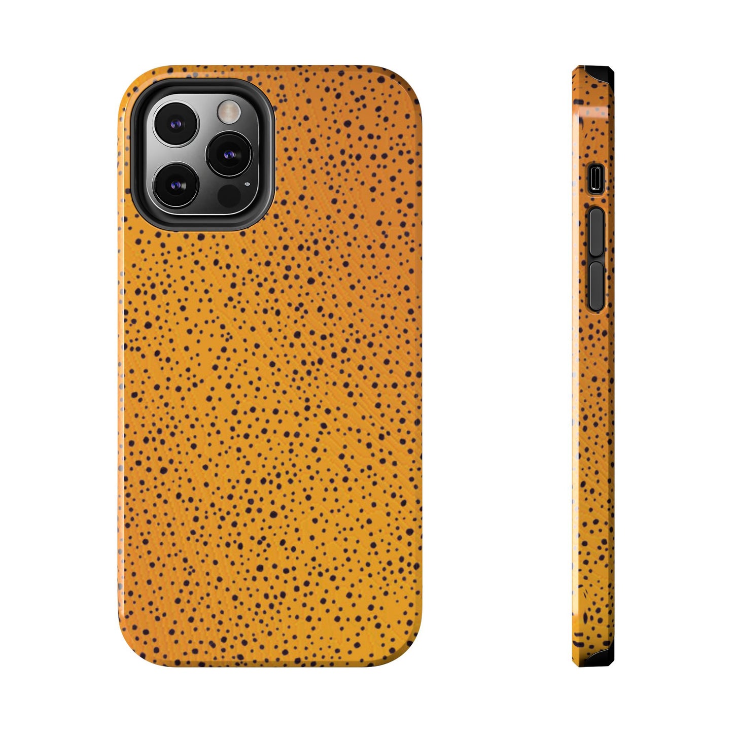 Orange phone case with black speckles, viewed from front and side, showing camera cutout.