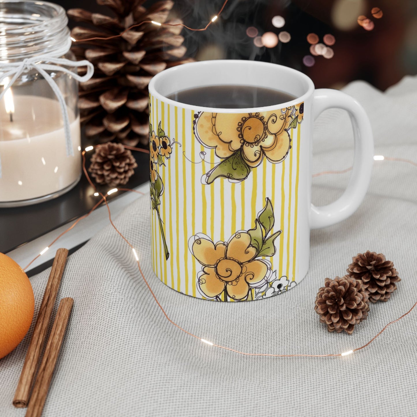 Bee Floral Stripe White / Yellow Cup