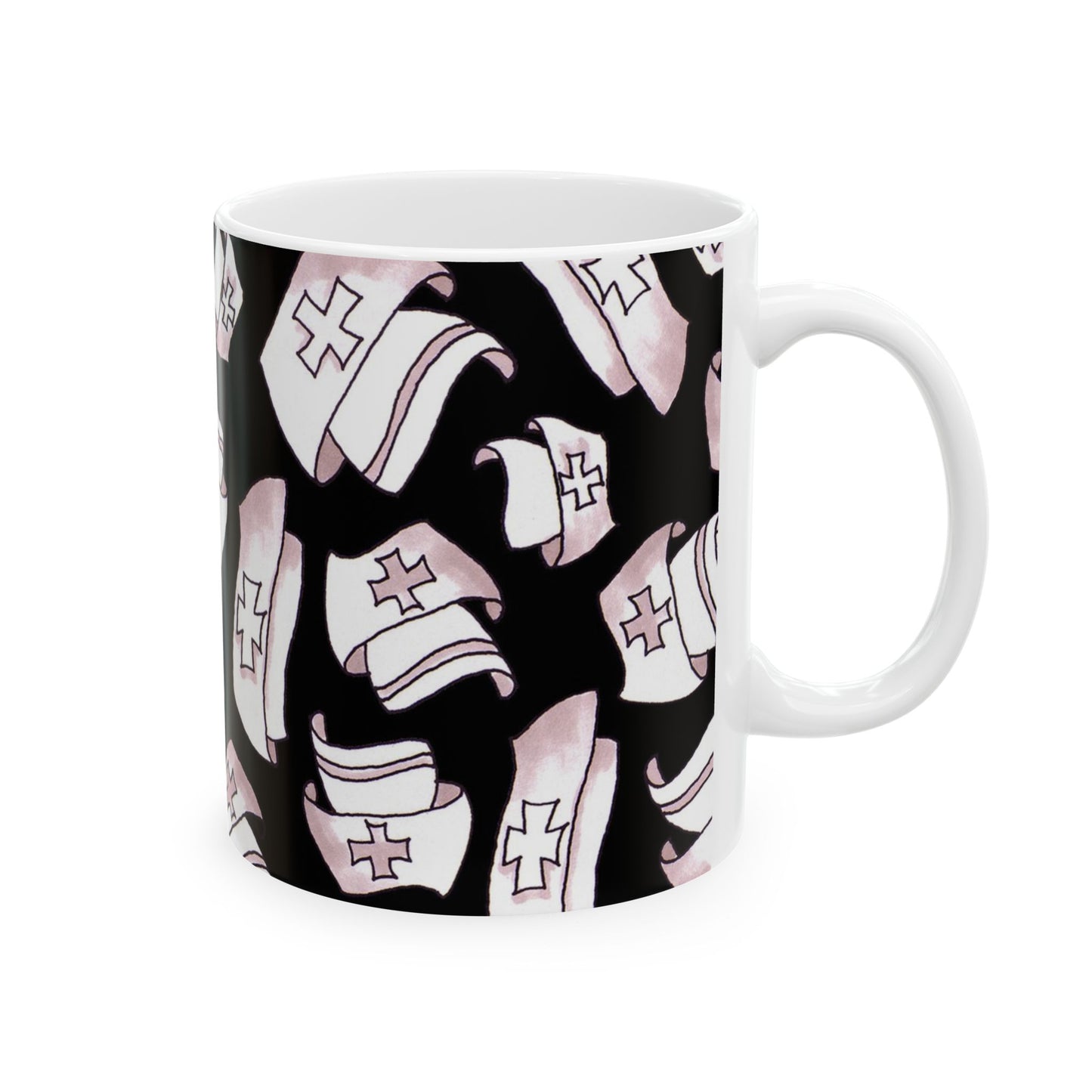 White mug with black background featuring pink nurse caps with red crosses in a repeating pattern.