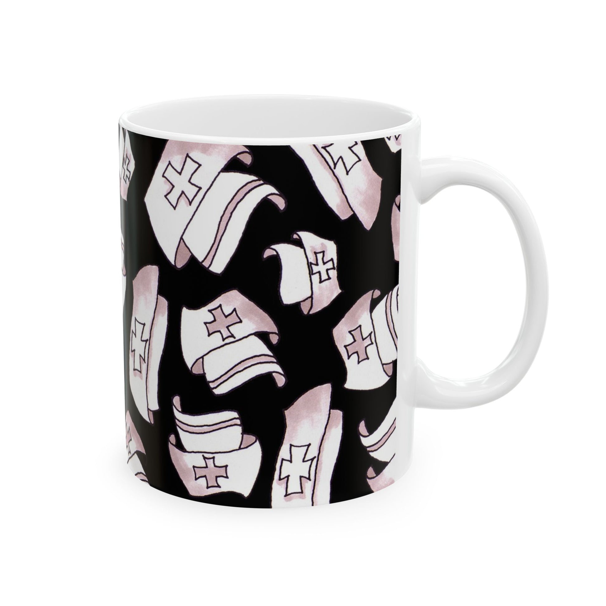 White mug with black background featuring pink nurse caps with red crosses in a repeating pattern.