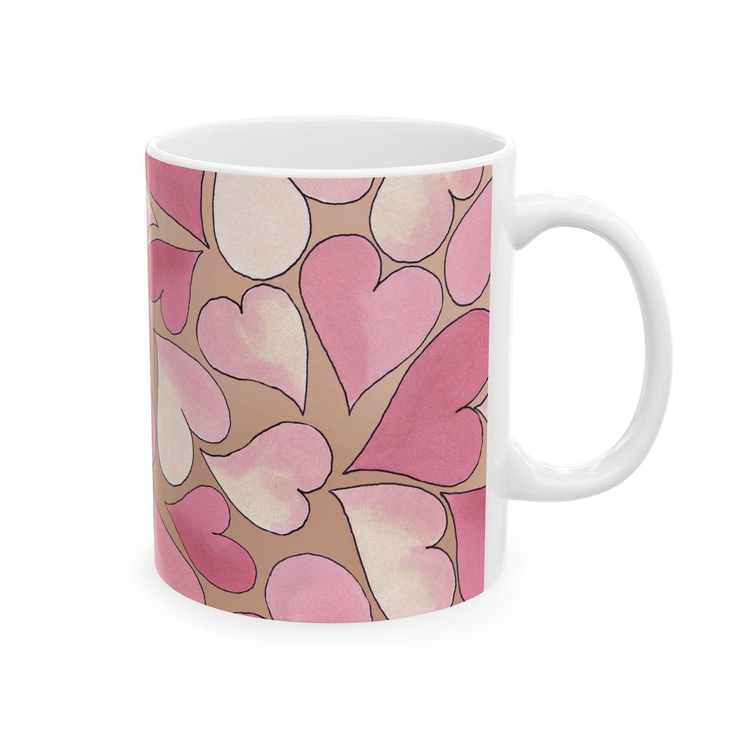 White mug with a pattern of pink and beige hearts outlined in black.