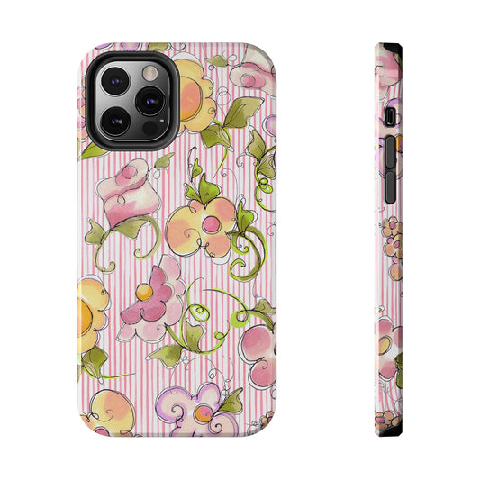 Phone case with colorful, hand-drawn flowers on a pink and white striped background.