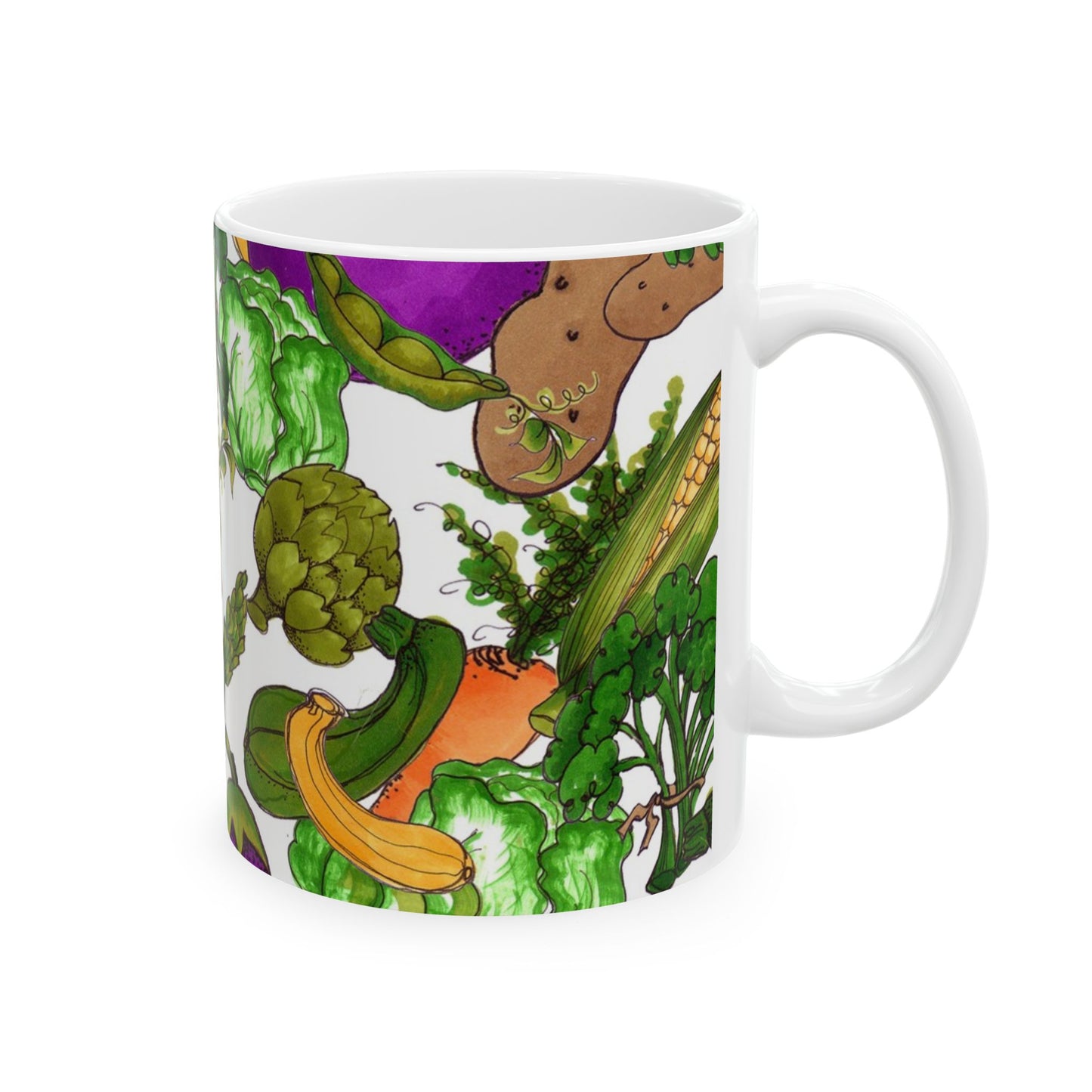 White mug with colorful vegetable illustrations, including corn, broccoli, and squash.
