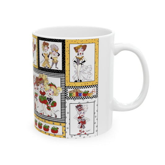 White mug with cartoon figures in colorful, framed panels; includes tomatoes and sewing items.