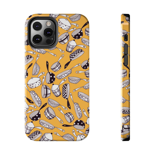 Phone case with black and white cookware pattern on an orange background, showing front and side views.