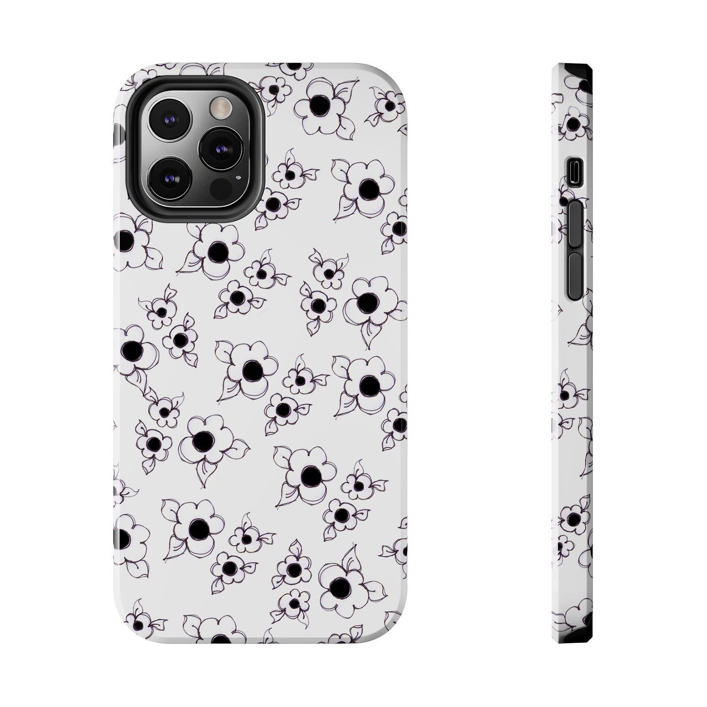 White phone case with black floral pattern, featuring outlined flowers and solid centers.