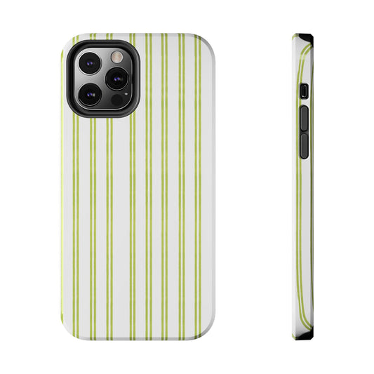 White phone case with vertical green stripes and visible camera cutout, shown from back and side.