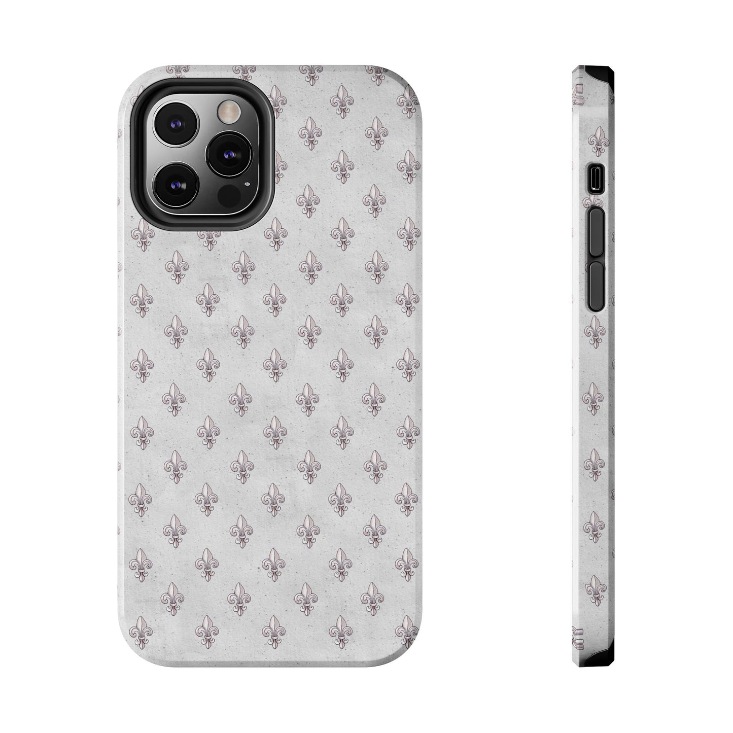 Gray phone case with a repeating fleur-de-lis pattern and three camera cutouts. Side buttons visible.