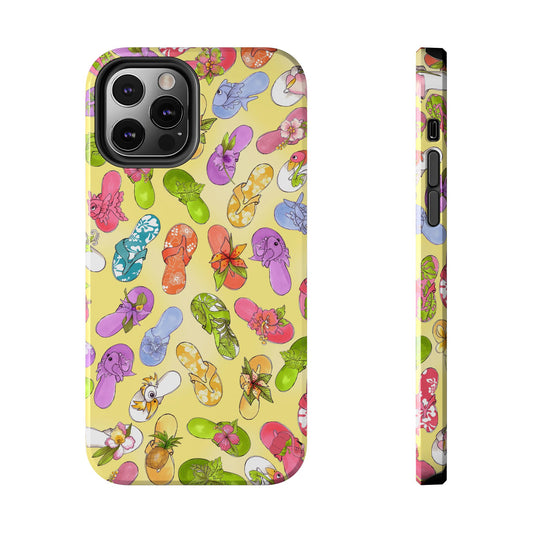 Colorful flip-flop pattern on a yellow phone case with floral and leaf designs.