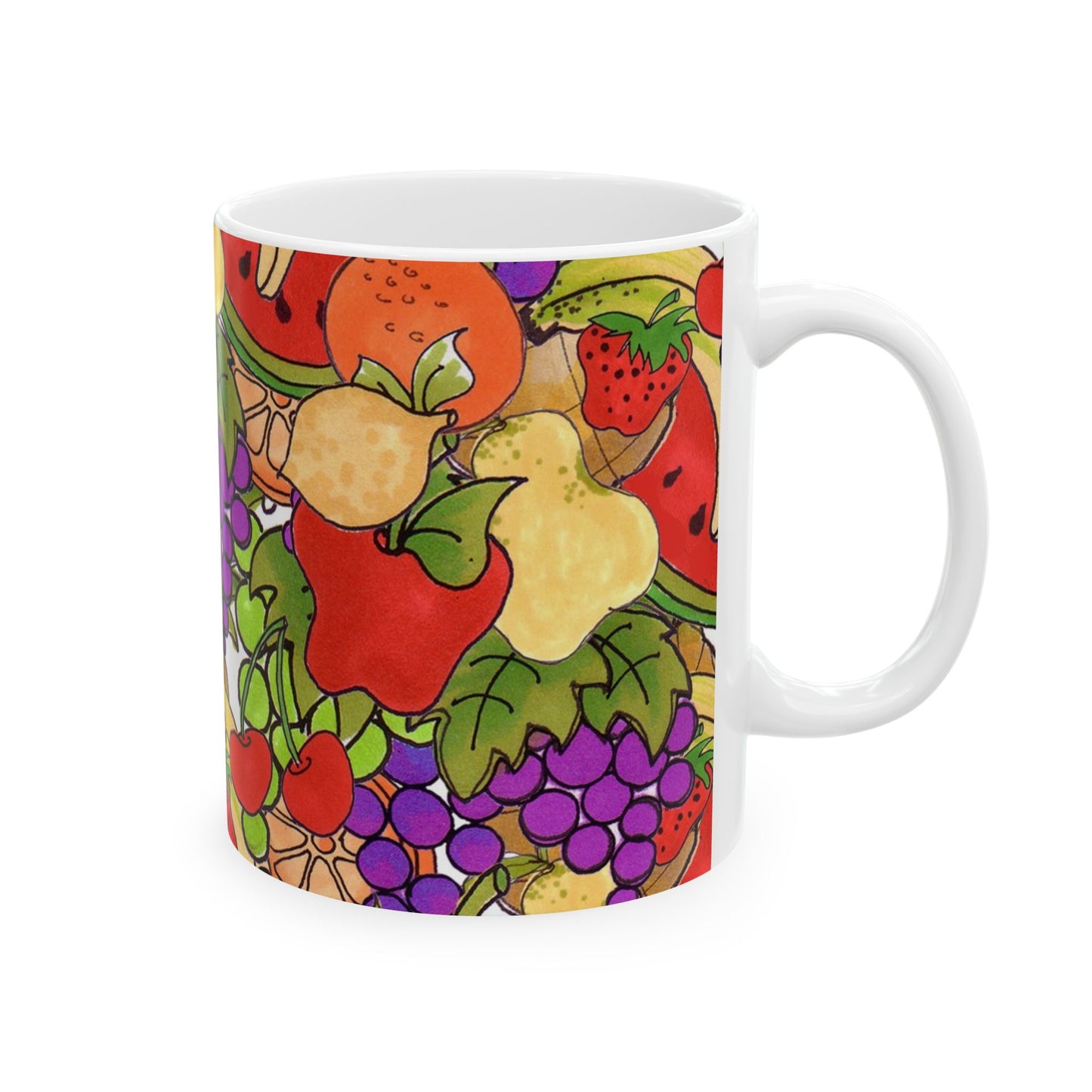 White mug with colorful fruit illustrations including apples, grapes, and strawberries.