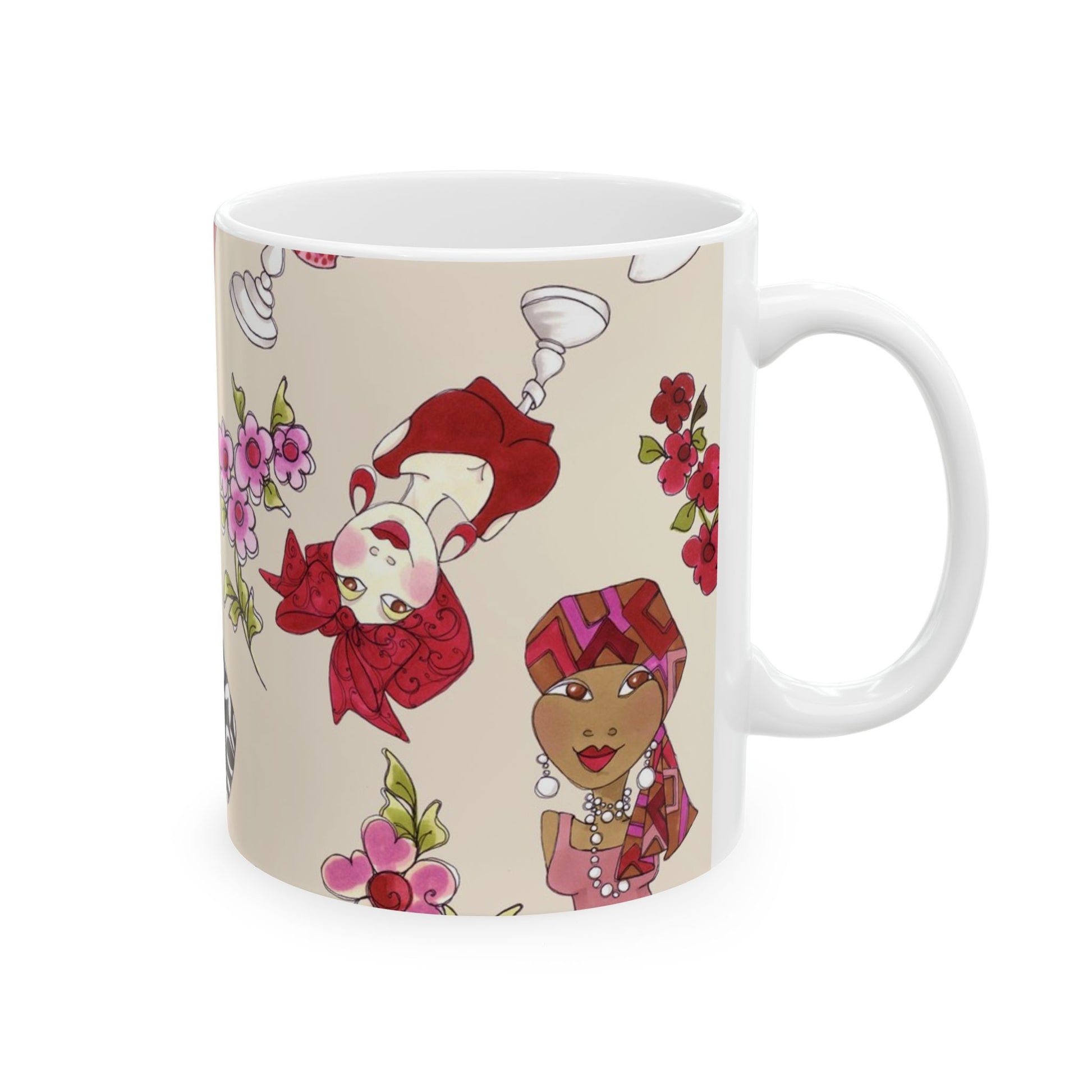 White mug with colorful illustrations of women and pink flowers on a beige background.