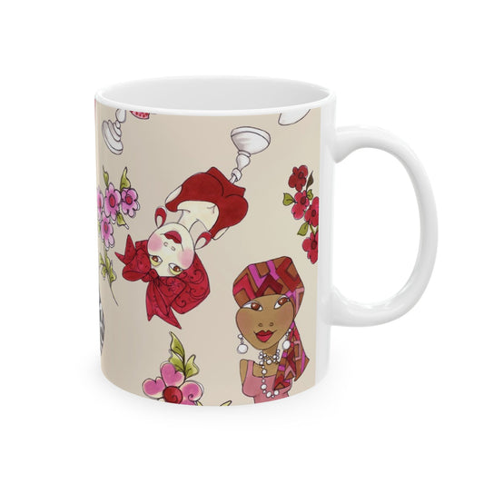 White mug with colorful illustrations of women and pink flowers on a beige background.