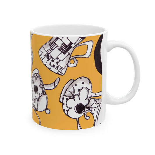 White mug with colorful abstract black-and-white flower designs on an orange background.