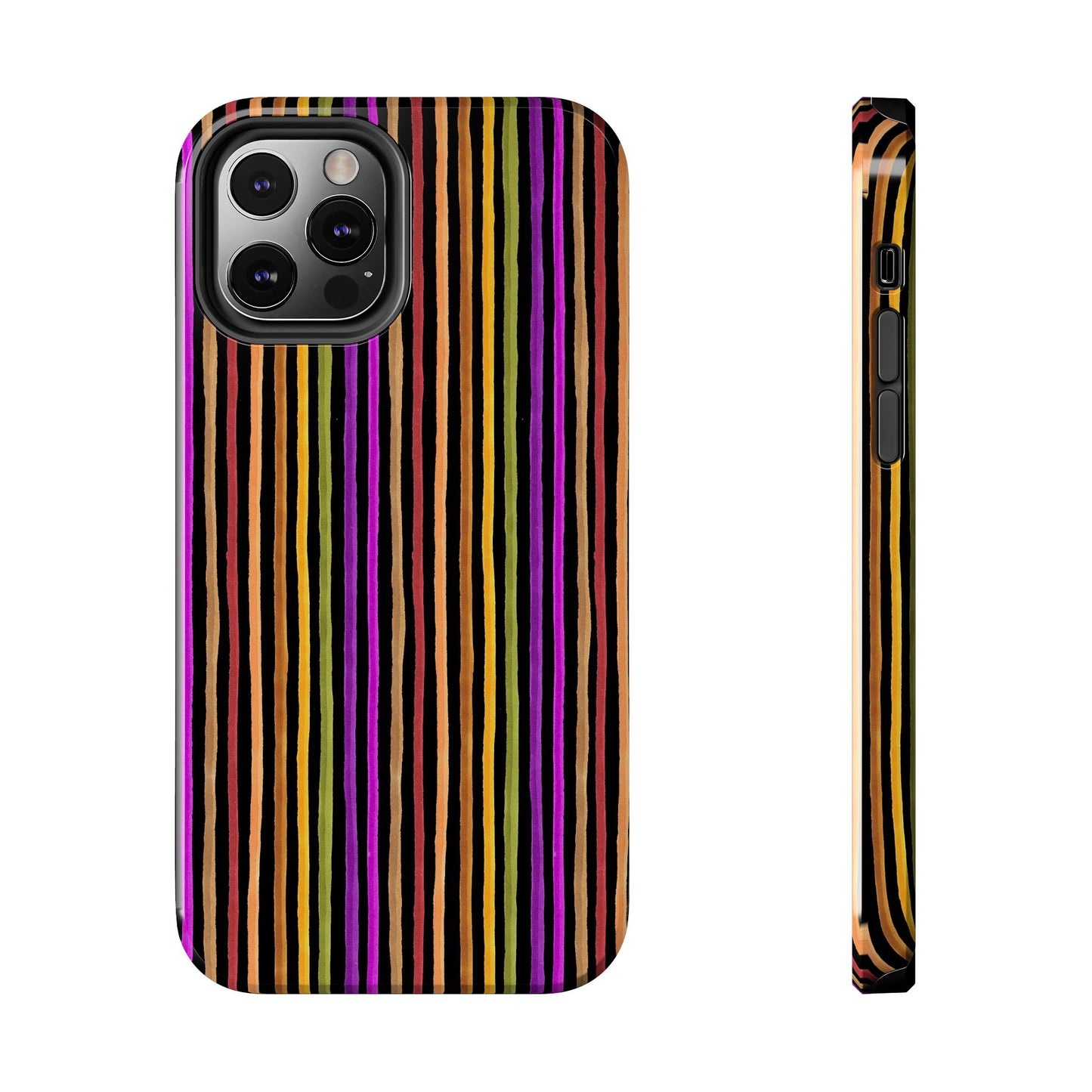 Colorful striped phone case with vertical lines in orange, purple, pink, and green on black.