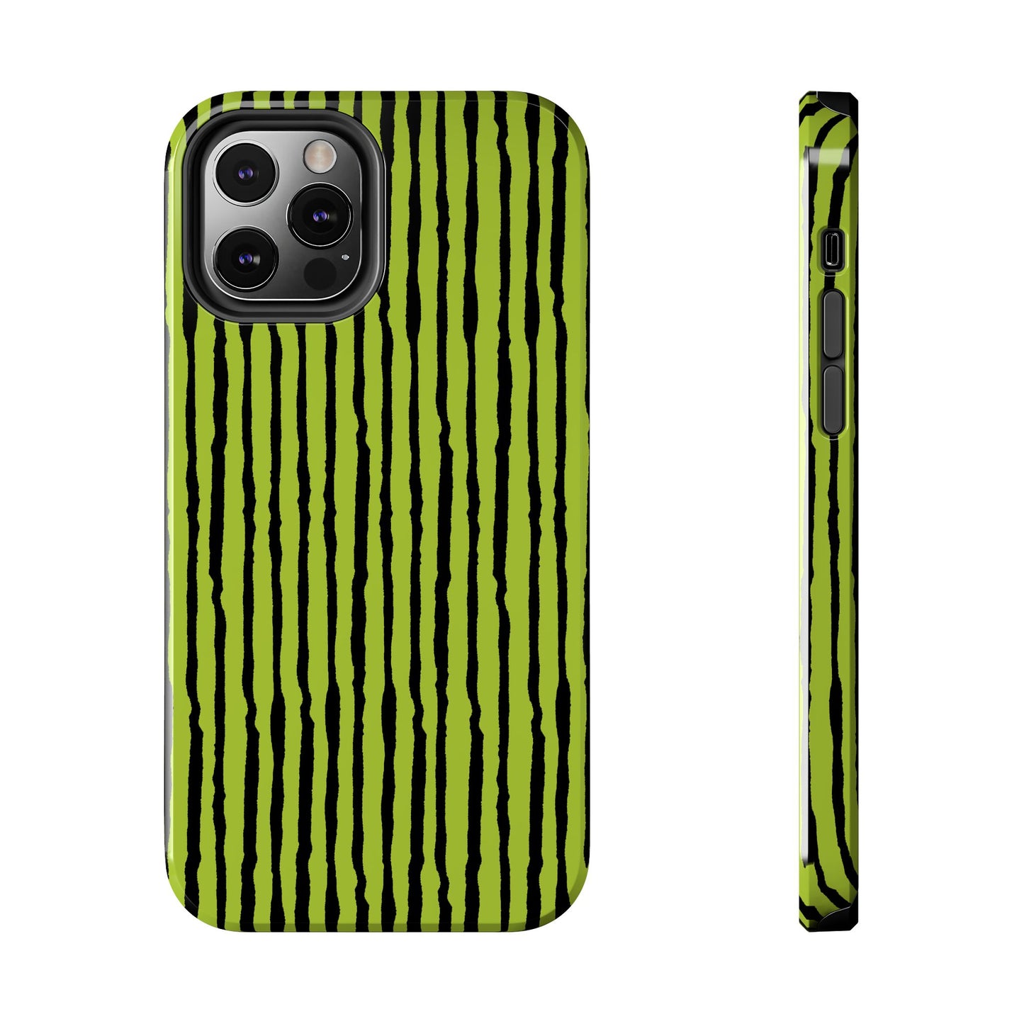 Green phone case with irregular black vertical stripes, shown from back and side views.