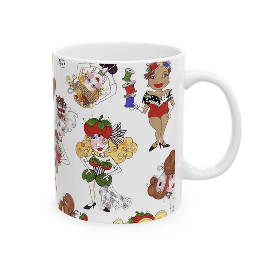 White mug with colorful cartoon characters, including a woman in red with spools of thread.