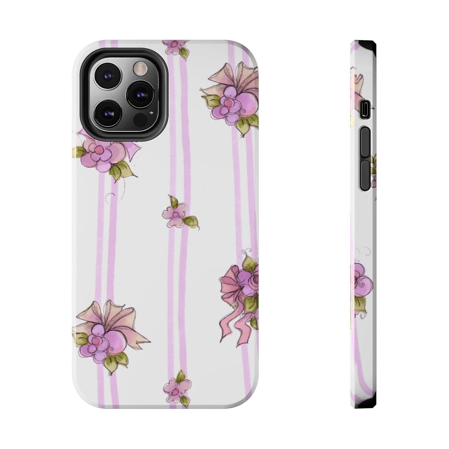 White phone case with pink stripes and floral designs featuring pink flowers and green leaves.