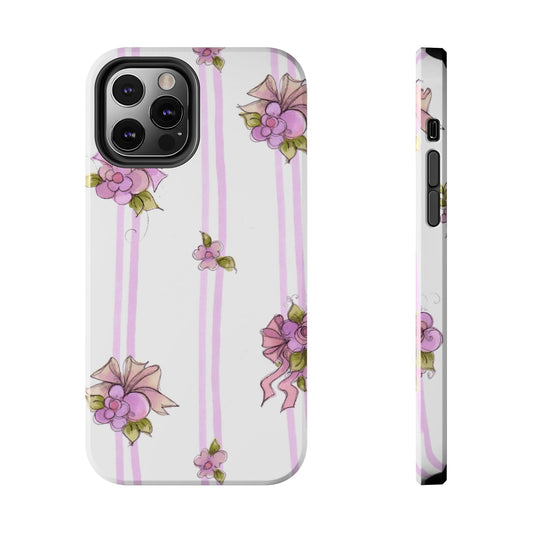 White phone case with pink stripes and floral designs featuring pink flowers and green leaves.