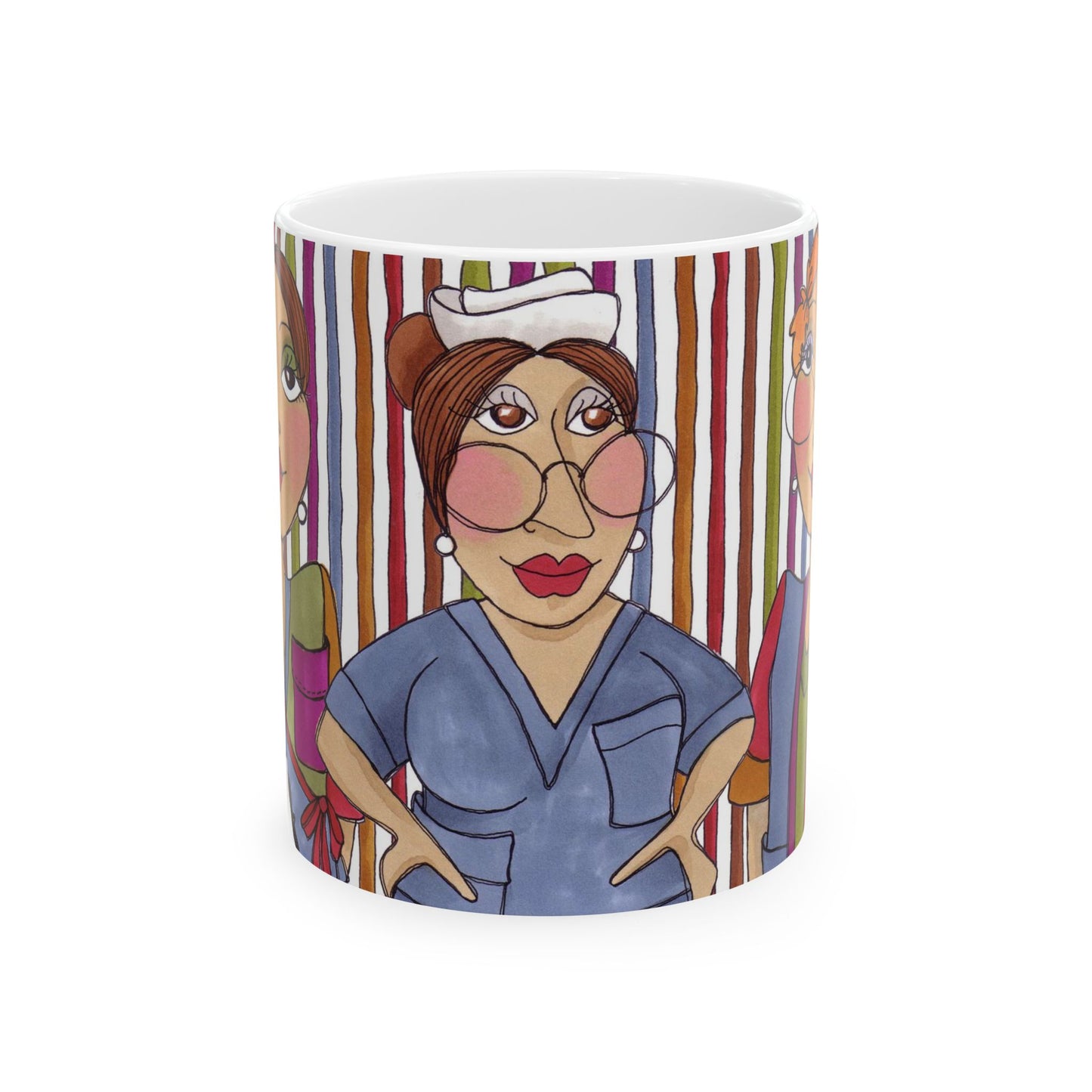 Mug with cartoon nurse in blue scrubs, against a background of vertical colorful stripes.