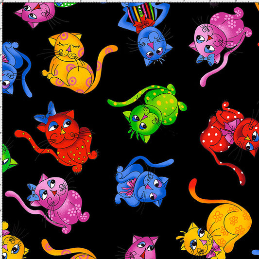 Tossed Cool Cats Black Fabric