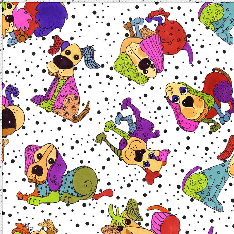 Tossed Happy Dogs White Fabric