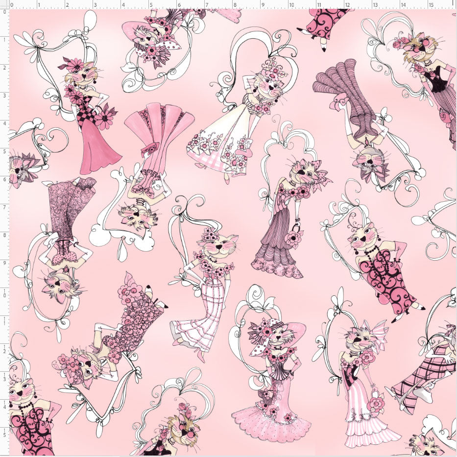 Tossed Lady Cats Pink Fabric