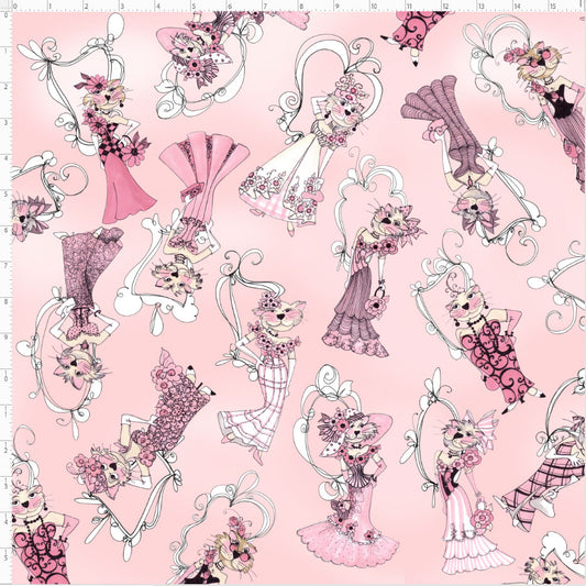 Tossed Lady Cats Pink Fabric