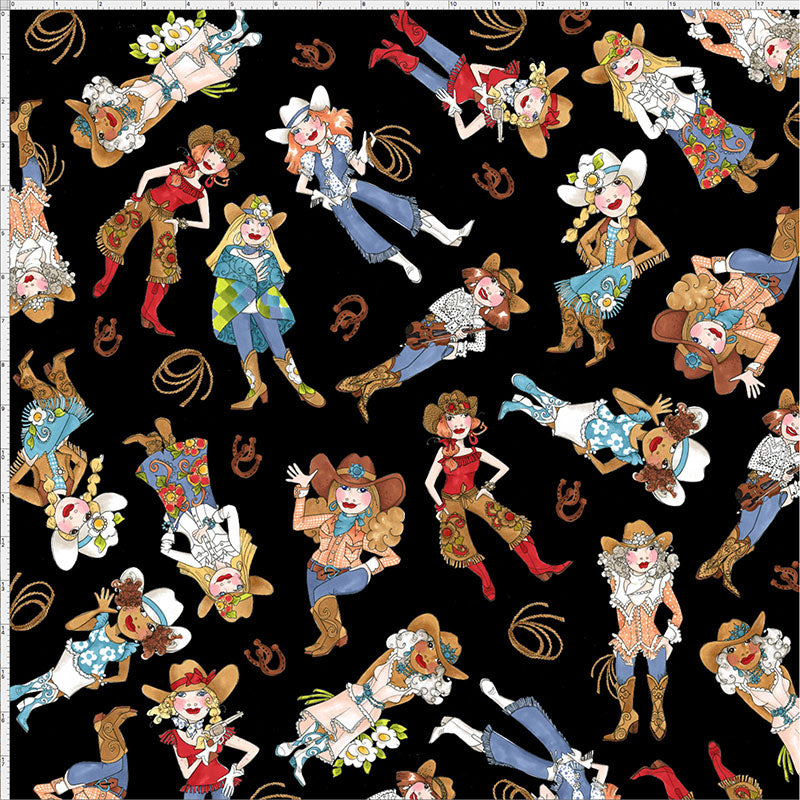 Tossed Cowgirls Black Fabric