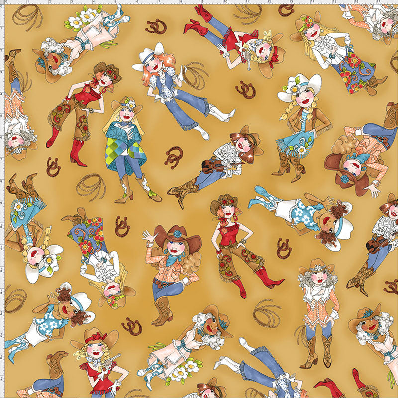 Tossed Cowgirls Tan Fabric