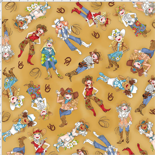 Tossed Cowgirls Tan Fabric