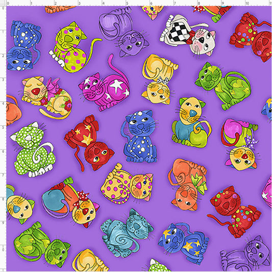 Tossed Happy Cats Purple Fabric