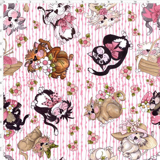 Tossed Fancy Cats White / Pink Fabric