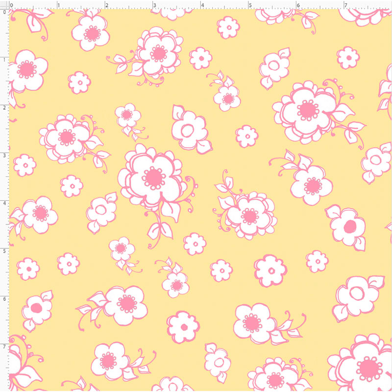 Pink Posies Yellow Fabric