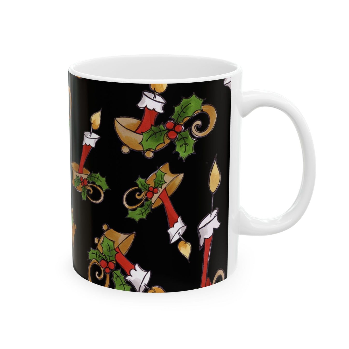 White mug with red candles, green holly, and berries pattern on a black background.