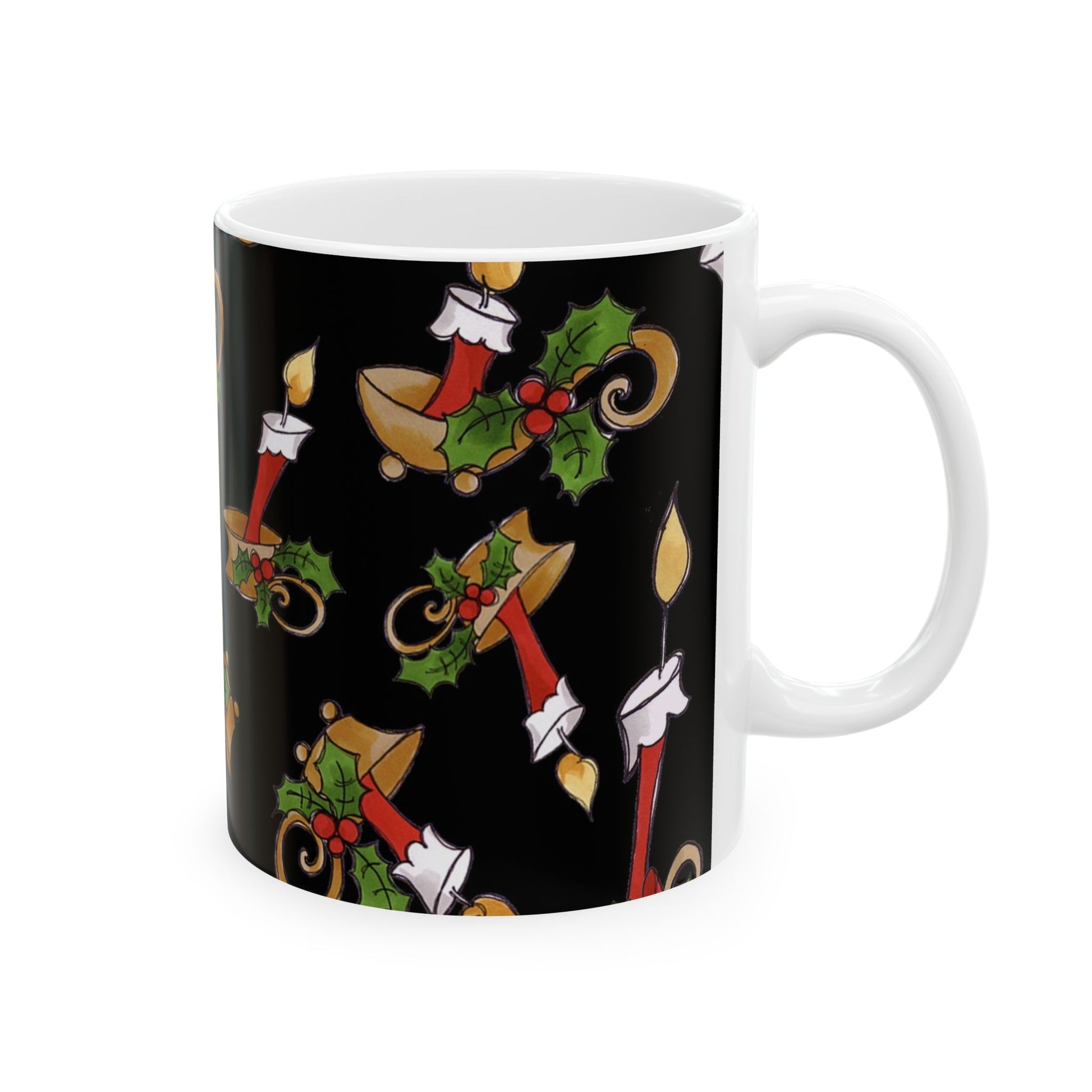 White mug with red candles, green holly, and berries pattern on a black background.