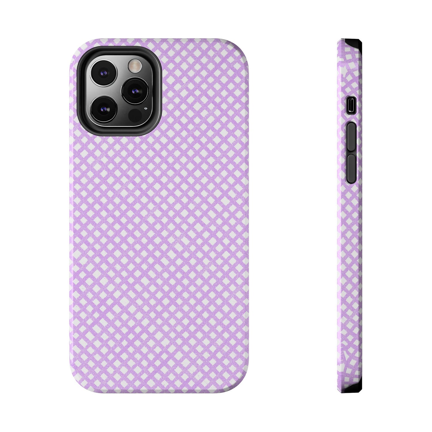 Lilac phone case with a white crisscross pattern, showing back and side views of the case.