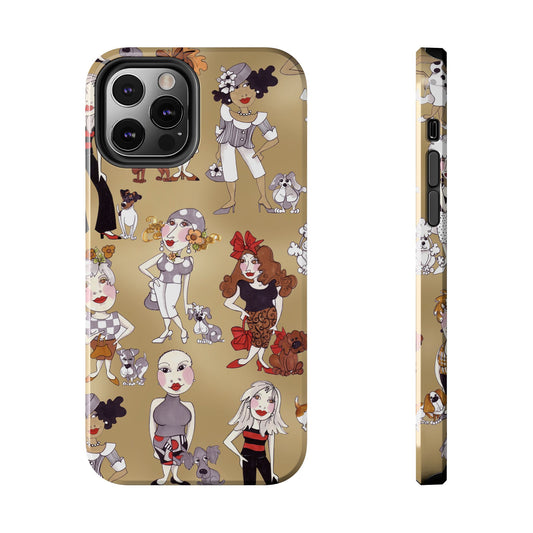 Cartoon women and dogs on a beige phone case, featuring colorful outfits and accessories.