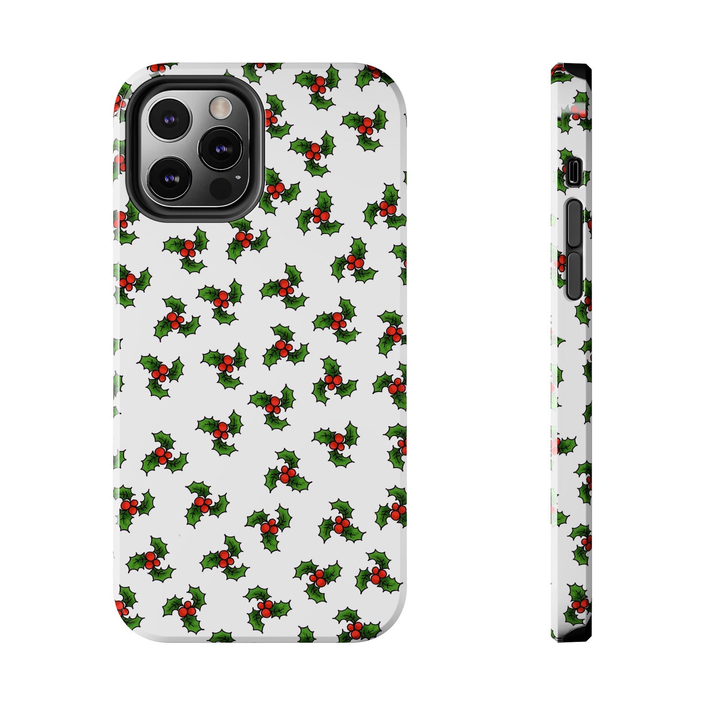 White phone case with green holly leaves and red berries pattern, shown from back and side views.