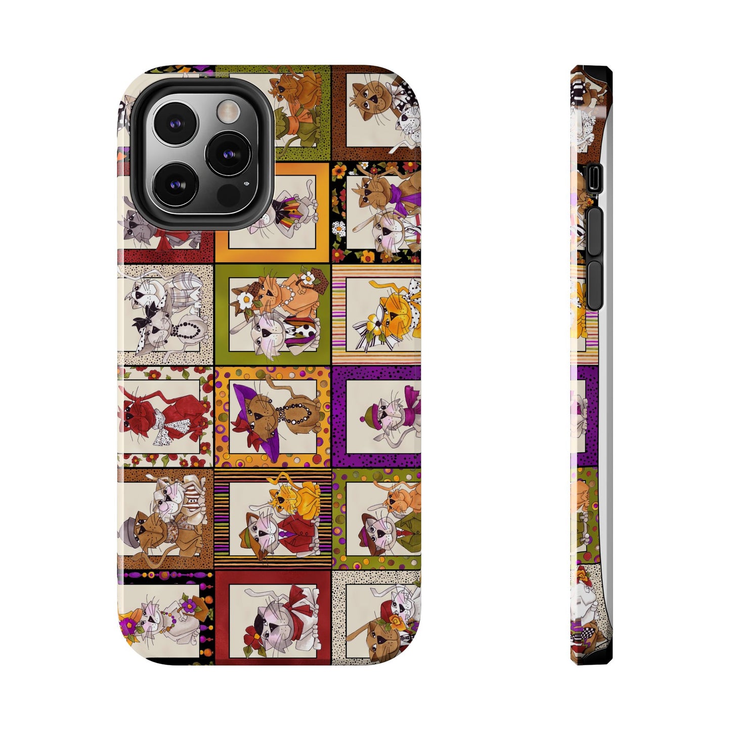 Colorful phone case with cartoon cats in various costumes, each in a vibrant square pattern.