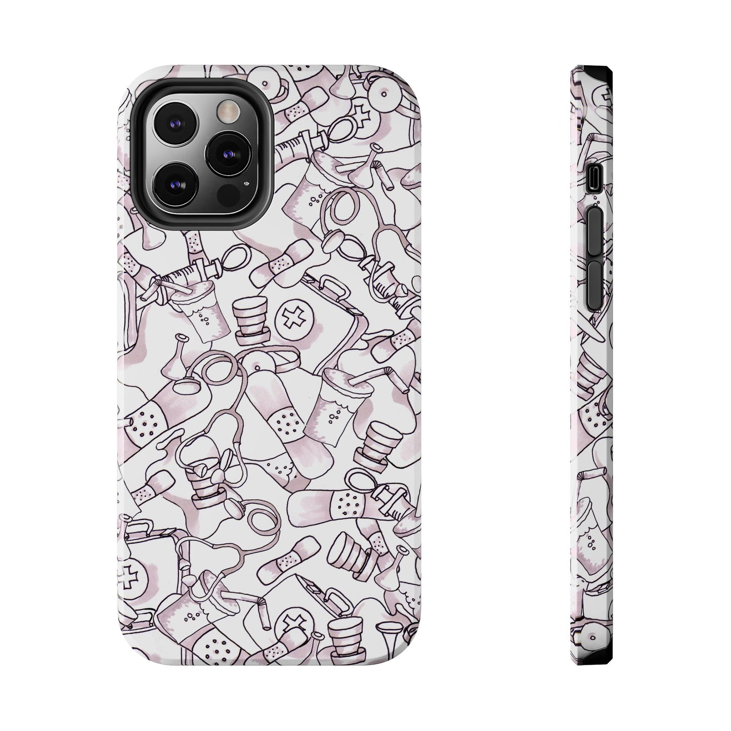 White phone case with medical-themed doodles in light purple and black.