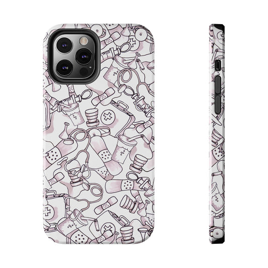 White phone case with medical-themed doodles in light purple and black.