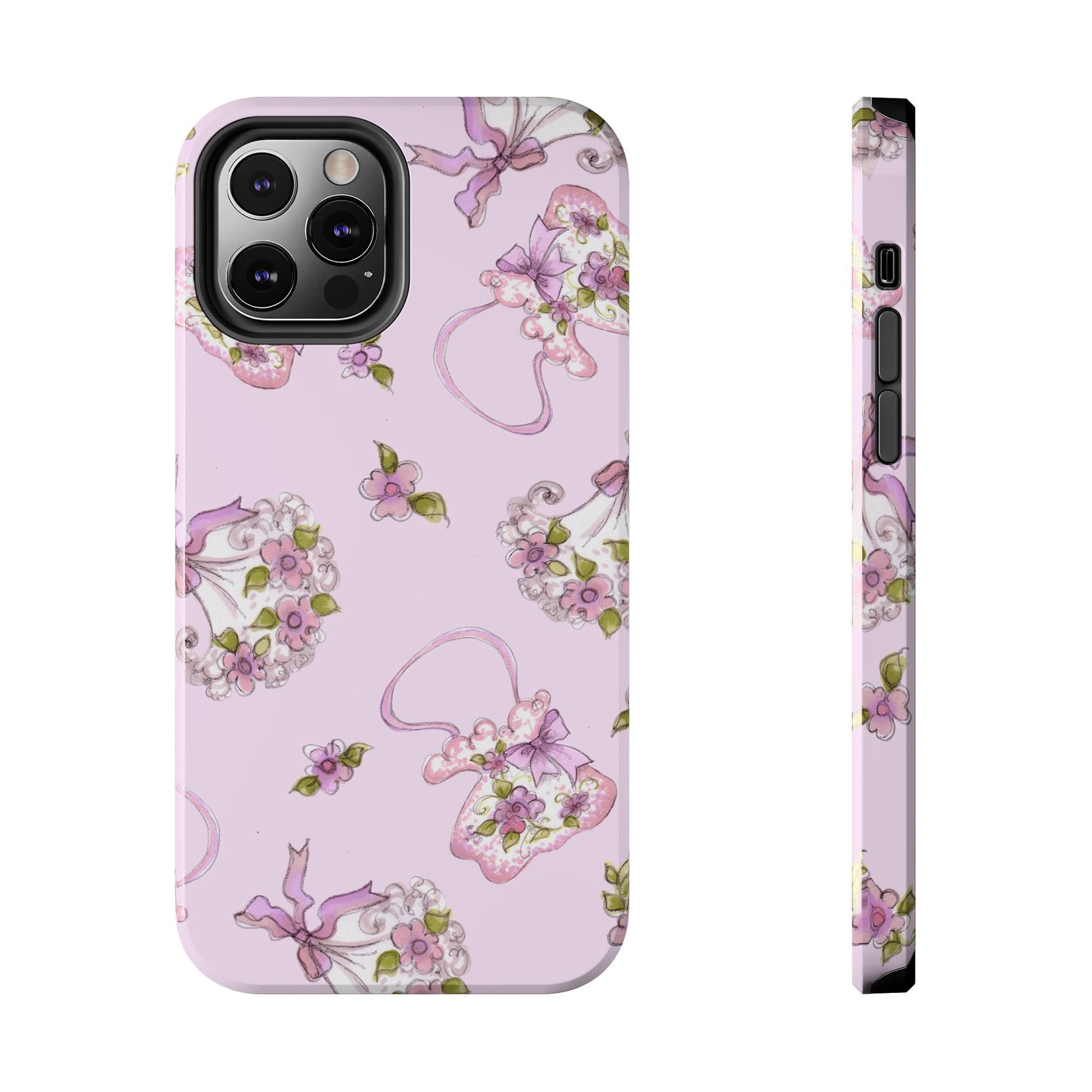 Pink phone case with floral pattern, featuring purple and green flowers on a pastel background.