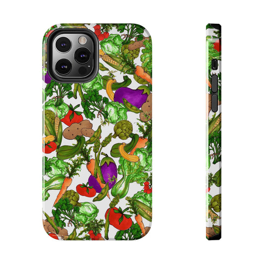 Smartphone case with colorful vegetable pattern: tomatoes, broccoli, carrots, eggplants on white.