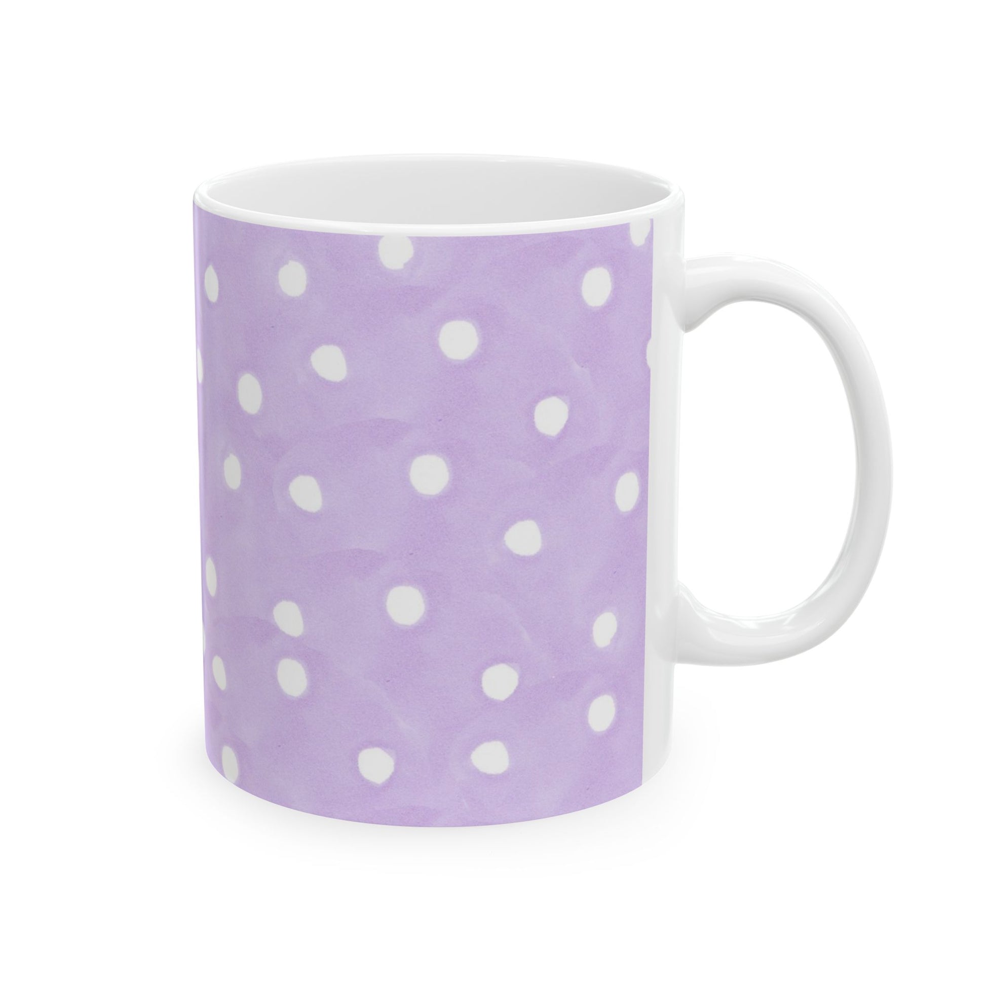White mug with a lavender polka dot pattern, featuring evenly spaced white dots.