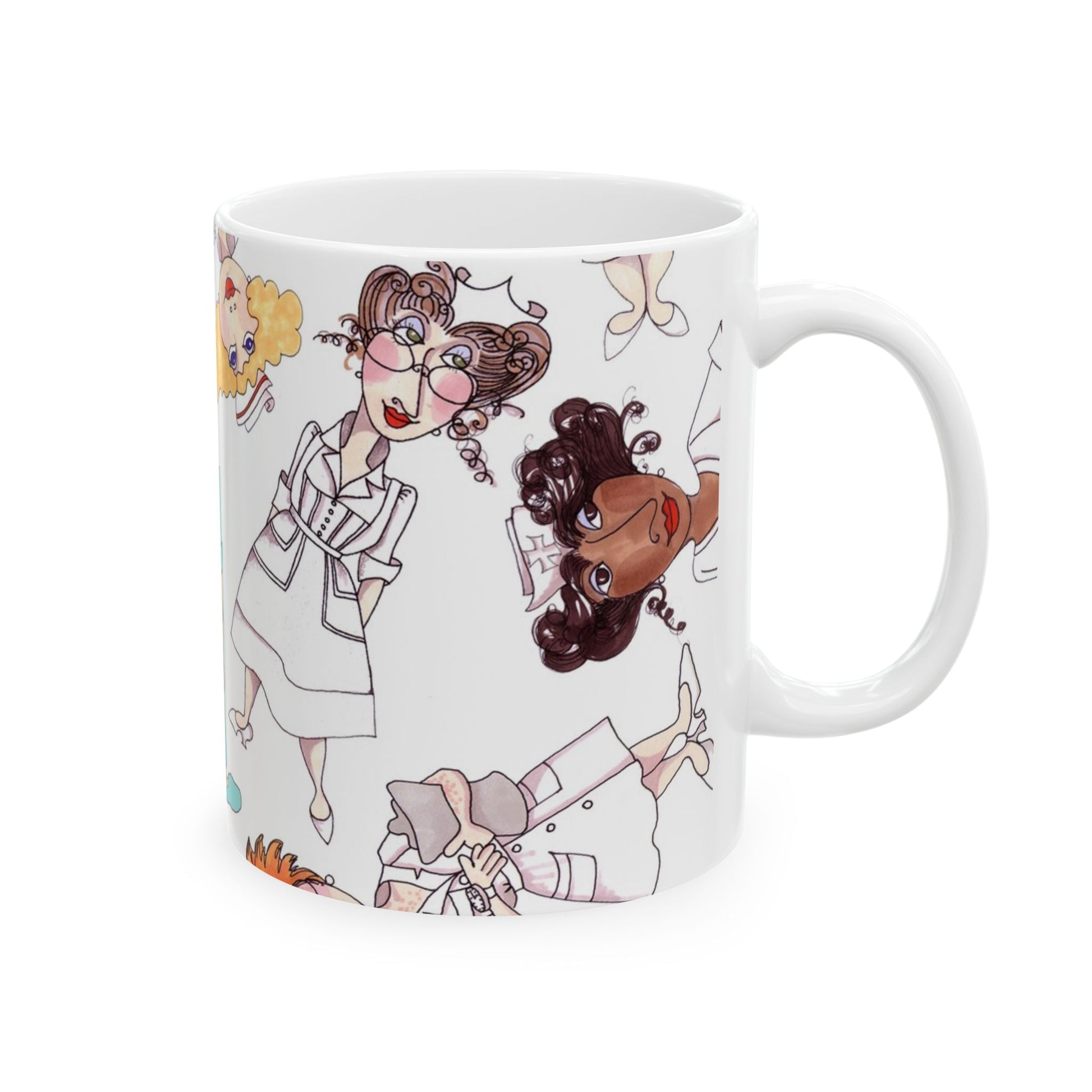 White mug with colorful cartoon nurses in various poses, featuring playful expressions.