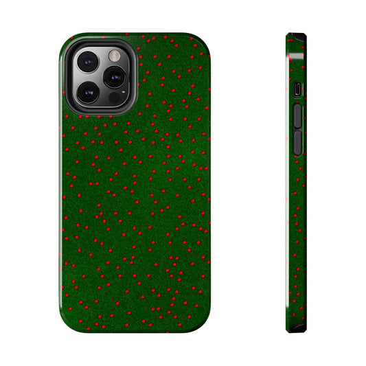 Green phone case with red polka dots, shown from back and side, covering a phone with three cameras.