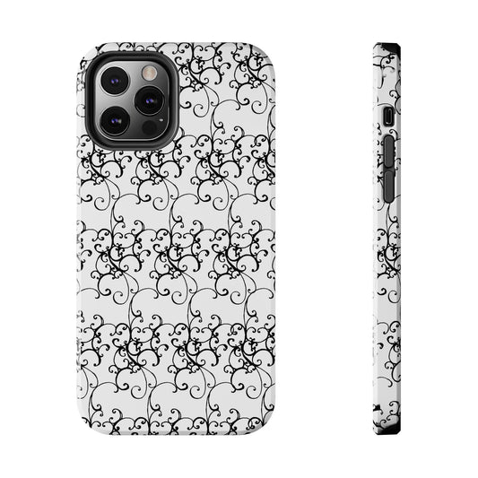 White phone case with a black floral swirl pattern, shown from back and side views.