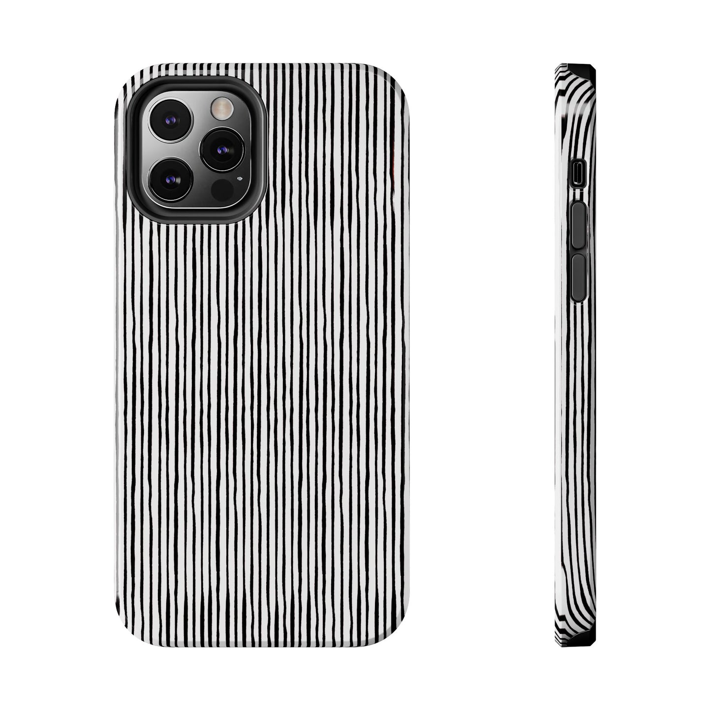 Black and white striped phone case with camera cutout and side buttons visible.