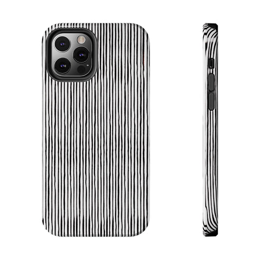 Black and white striped phone case with camera cutout and side buttons visible.
