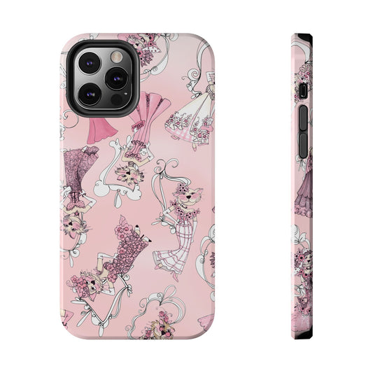Pink phone case with stylish cat illustrations in dresses, surrounded by floral accents.